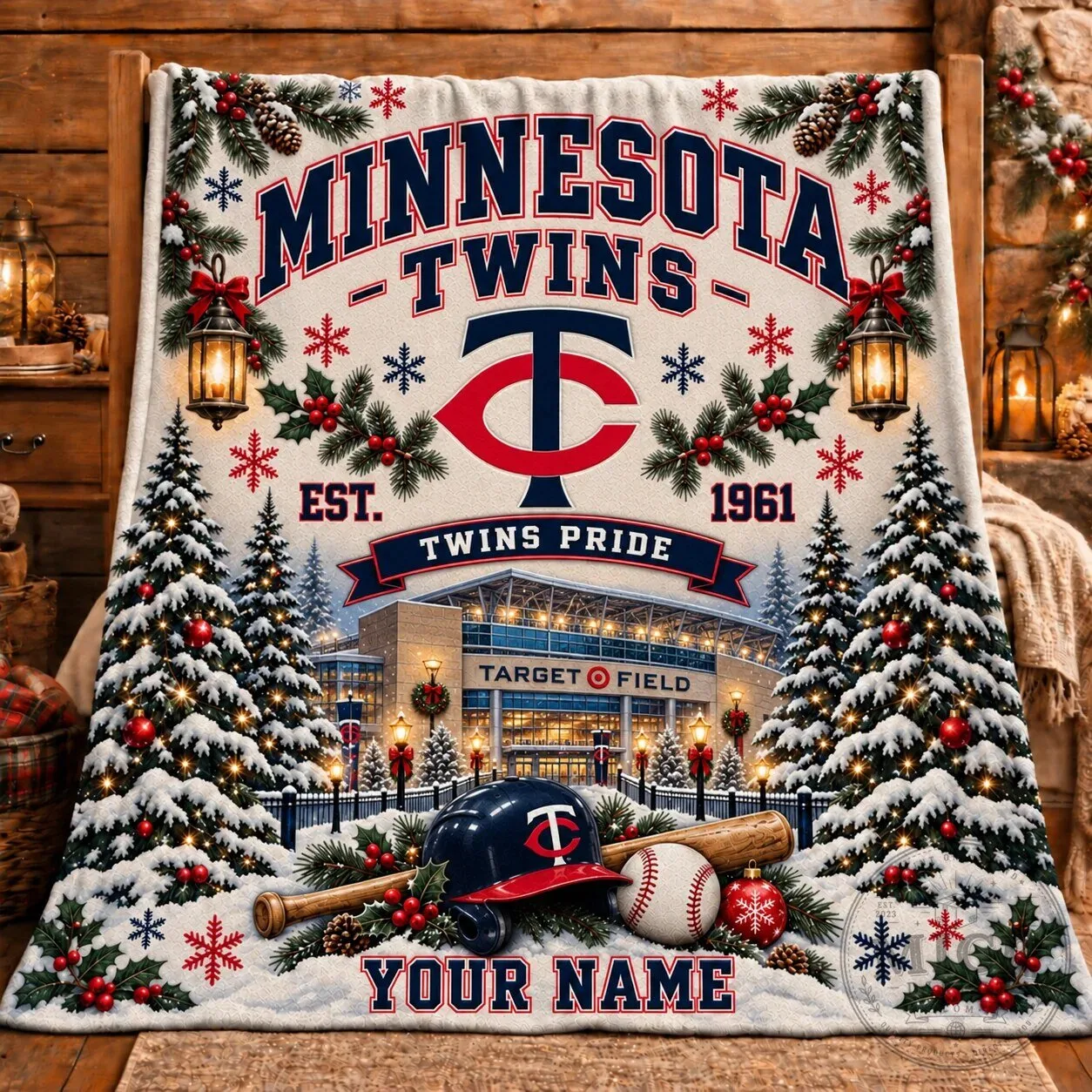 Minnesota Twins Christmas Holiday Baseball Stadium Personalized Name Blanket