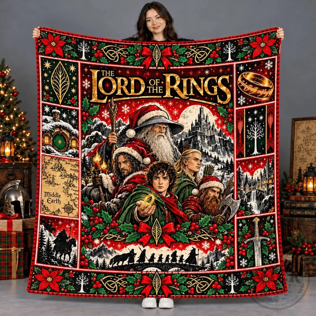 The Lord of the Rings Christmas Fellowship Middle-earth Holiday Fleece Blanket The Lord of the Rings Christmas Fellowship Middle-earth Holiday Fleece Blanket
