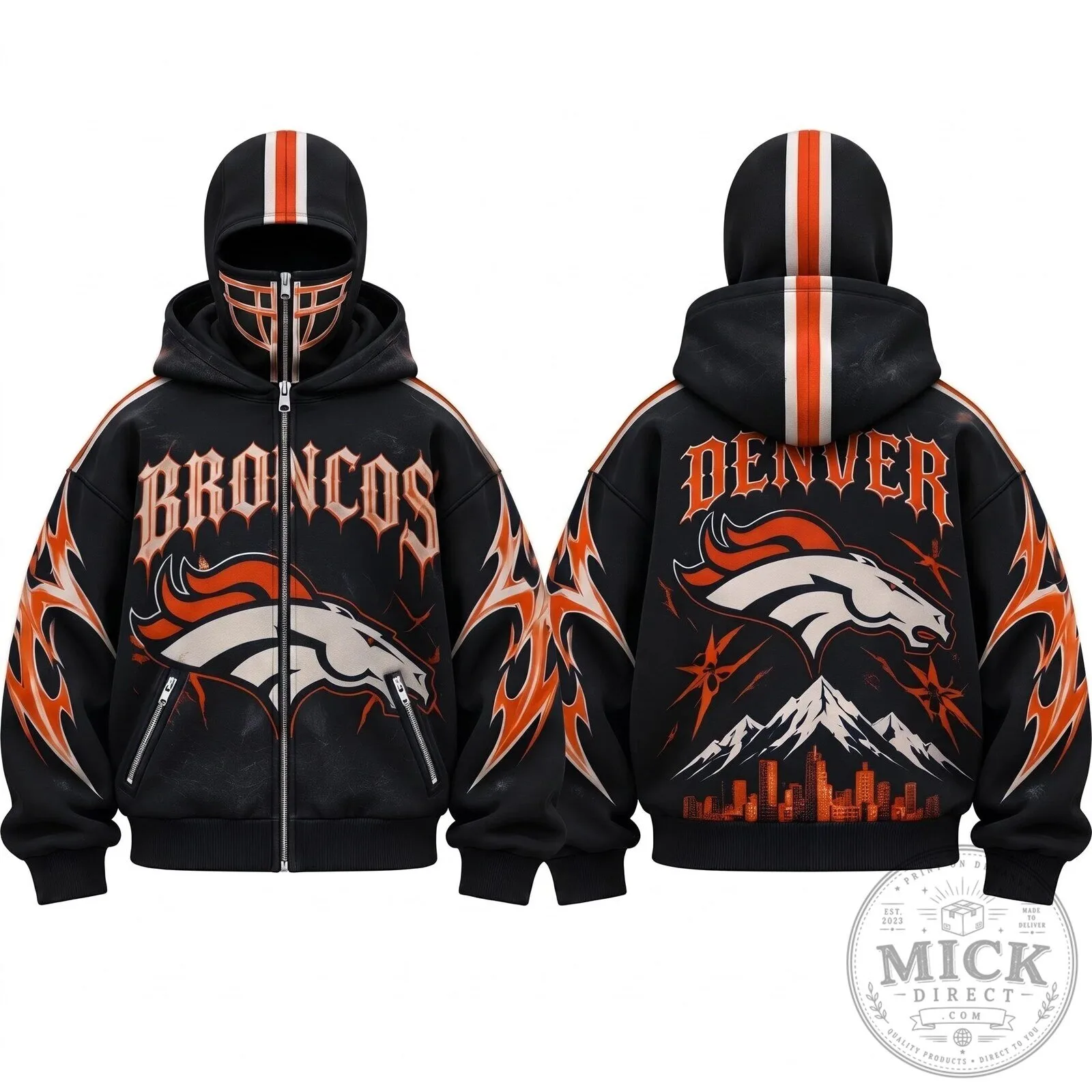 Denver Broncos Gothic Style Full Zip Up Hoodie with Face Mask 4 Denver Broncos Gothic Style Full Zip Up Hoodie with Face Mask