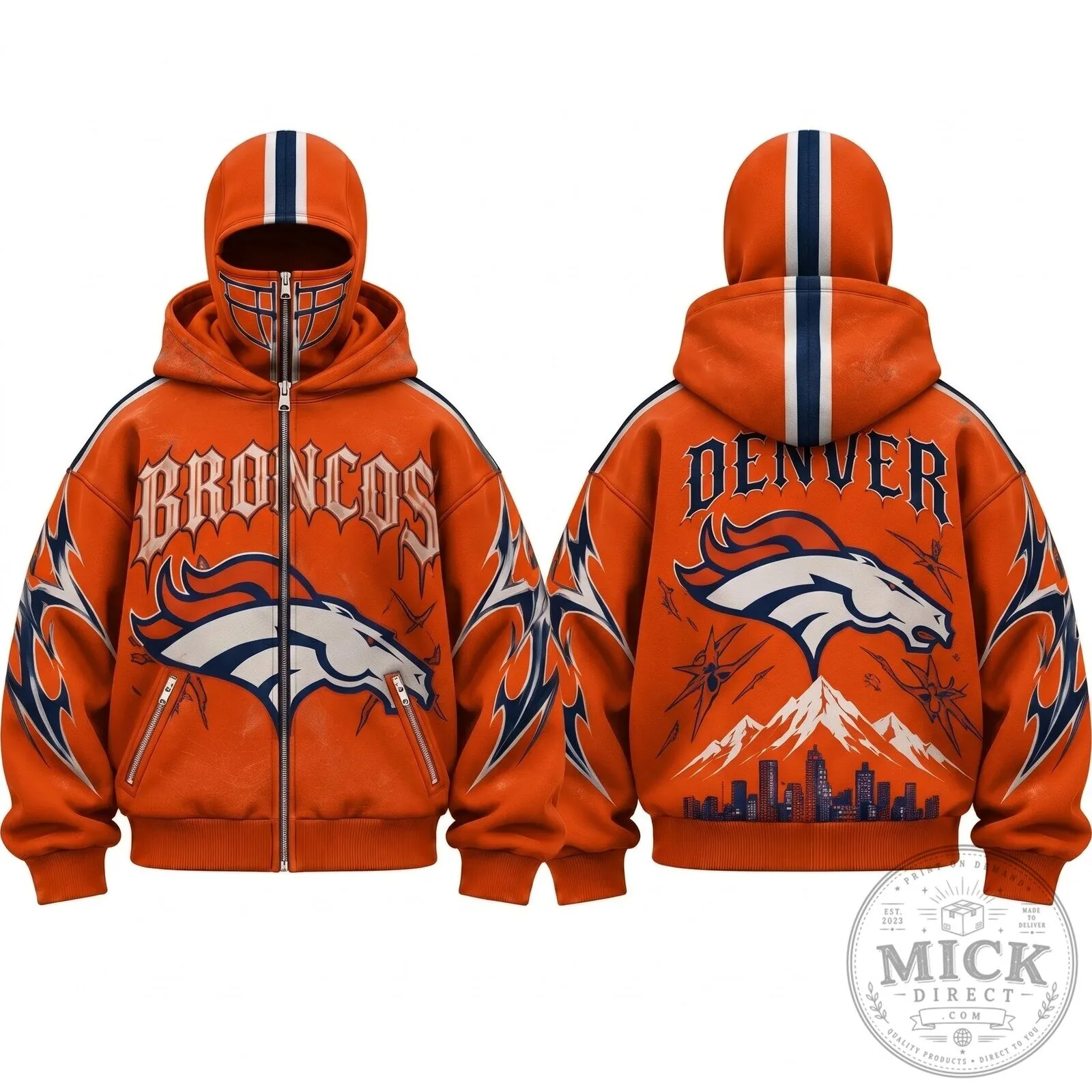 Denver Broncos Gothic Style Full Zip Up Hoodie with Face Mask 9 Denver Broncos Gothic Style Full Zip Up Hoodie with Face Mask