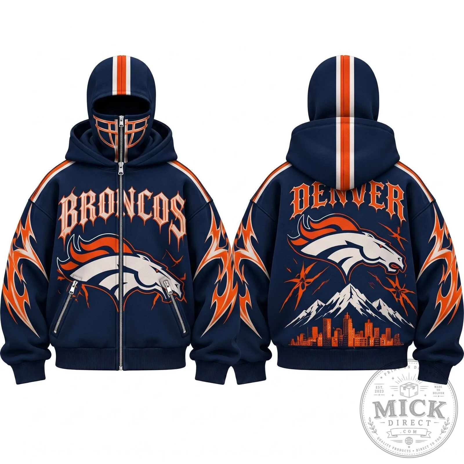 Denver Broncos Gothic Style Full Zip Up Hoodie with Face Mask 10 Denver Broncos Gothic Style Full Zip Up Hoodie with Face Mask