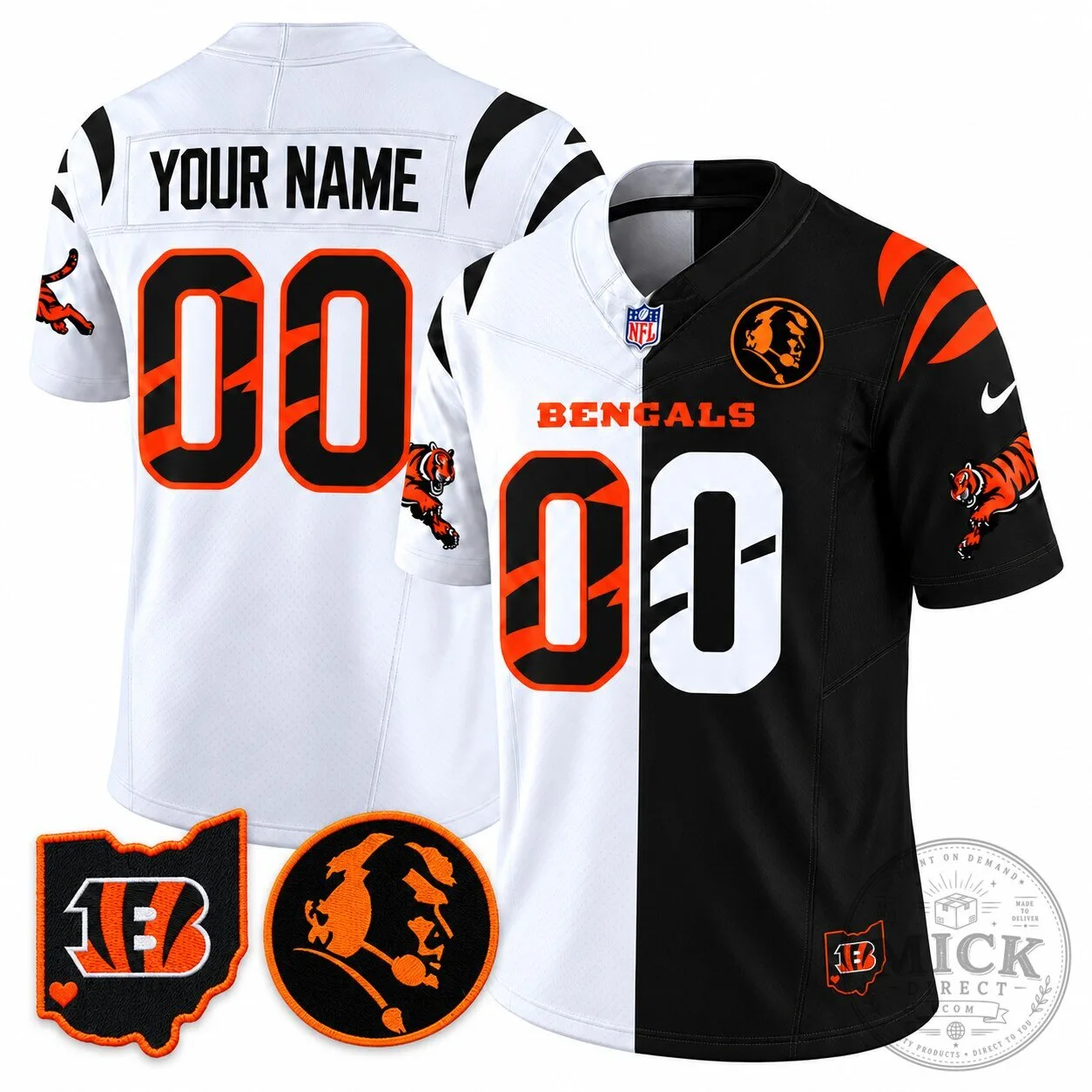 Cincinnati Bengals Custom Split Black and White Game Football Jersey 1 Cincinnati Bengals Custom Split Black and White Game Football Jersey