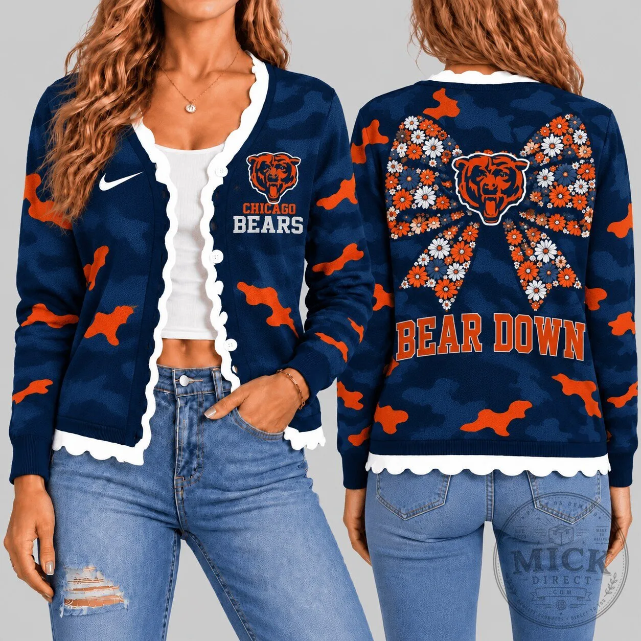 Chicago Bears NFL Camouflage Floral Bow Knit Cardigan