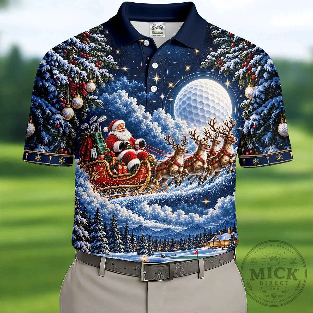 Christmas Santa Sleigh Reindeer Golf Ball Moon Winter Holiday Polo Shirt