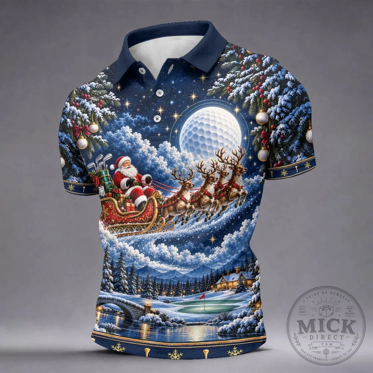 Christmas Santa Sleigh Reindeer Golf Ball Moon Winter Holiday Polo Shirt 15 Christmas Santa Sleigh Reindeer Golf Ball Moon Winter Holiday Polo Shirt