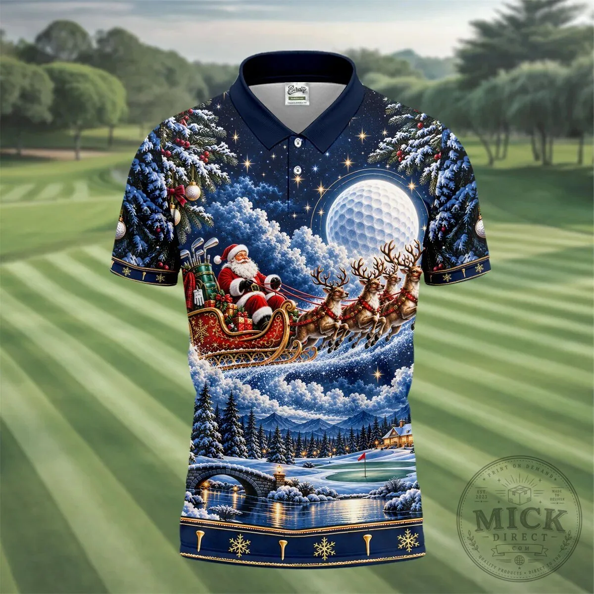 Christmas Santa Sleigh Reindeer Golf Ball Moon Winter Holiday Polo Shirt 16 Christmas Santa Sleigh Reindeer Golf Ball Moon Winter Holiday Polo Shirt