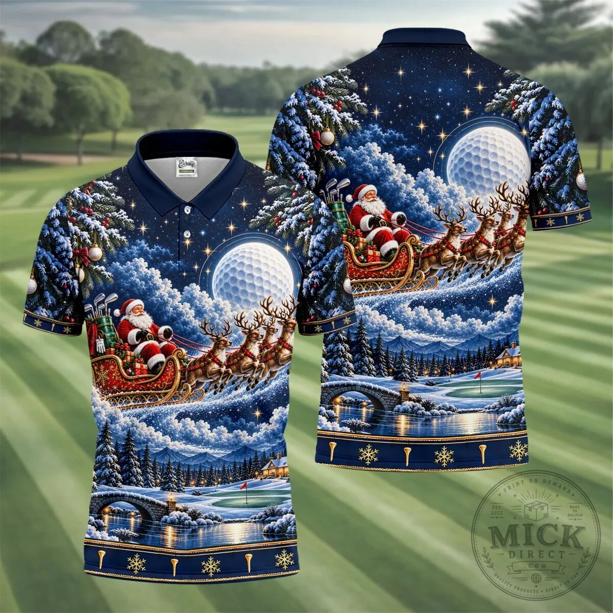 Christmas Santa Sleigh Reindeer Golf Ball Moon Winter Holiday Polo Shirt 17 Christmas Santa Sleigh Reindeer Golf Ball Moon Winter Holiday Polo Shirt