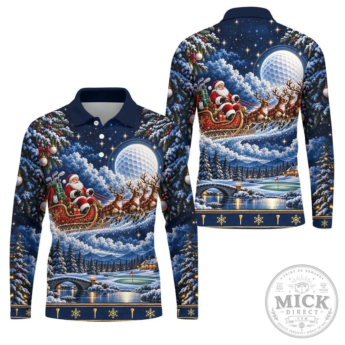 Christmas Santa Sleigh Reindeer Golf Ball Moon Winter Holiday Polo Shirt 24 Christmas Santa Sleigh Reindeer Golf Ball Moon Winter Holiday Polo Shirt
