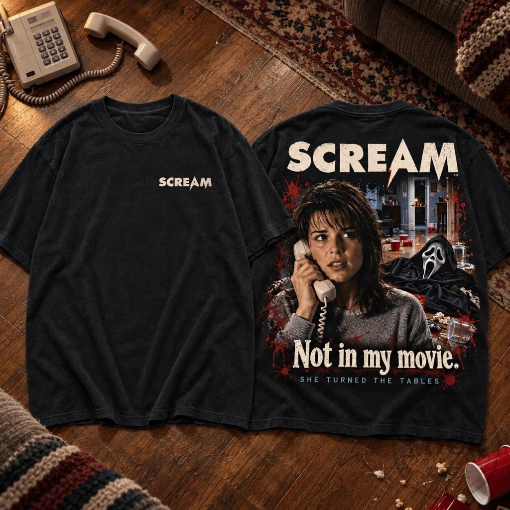 Ghostface Quote T-Shirt from Scream featuring Sidney Prescott - Not In My Movie Design Ghostface Quote T-Shirt from Scream featuring Sidney Prescott - "Not In My Movie" Design